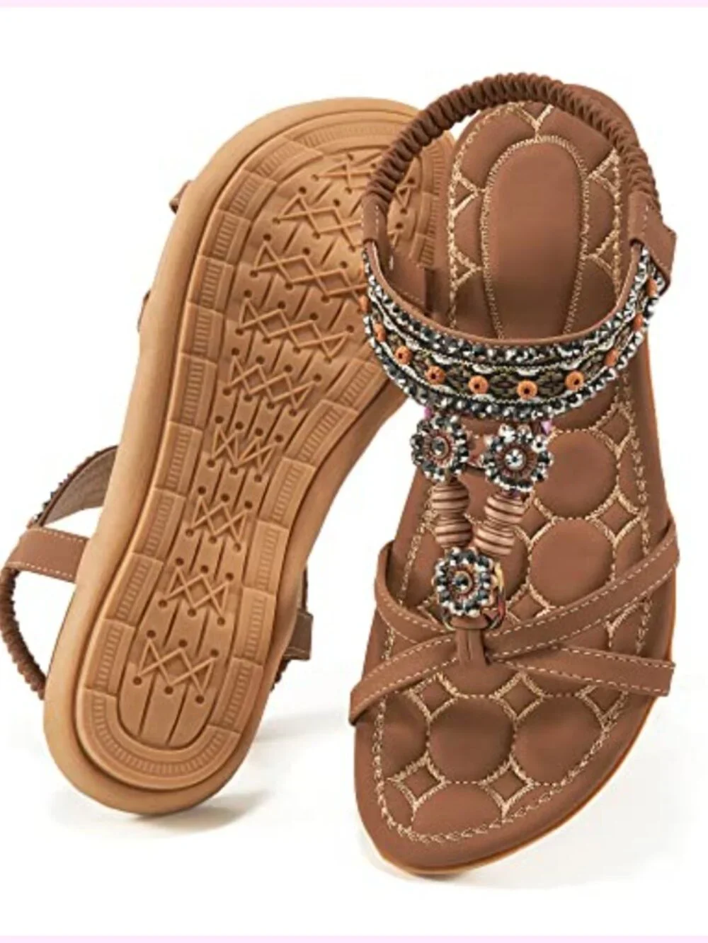 Bohemian Rhinestone Bead Embellished Flat Sandals with Elastic Ankle Strap